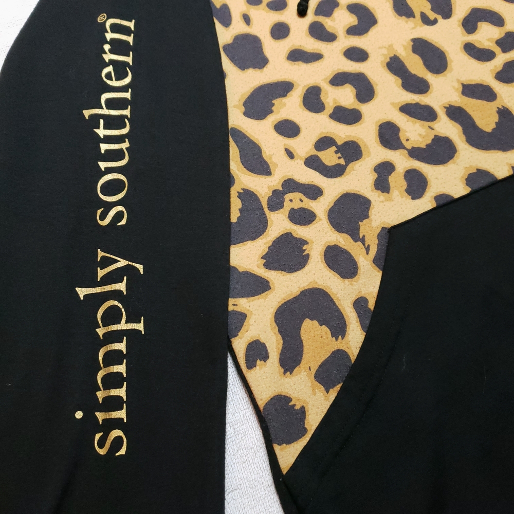 Simply Southern Black and Leopard Print Hoodie Size L - Picture 3 of 6